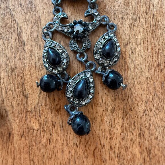 Fun Faux Rhinestone & Black Silver-Tone Dangly Floral Teardrop Earrings - Picture 8 of 8